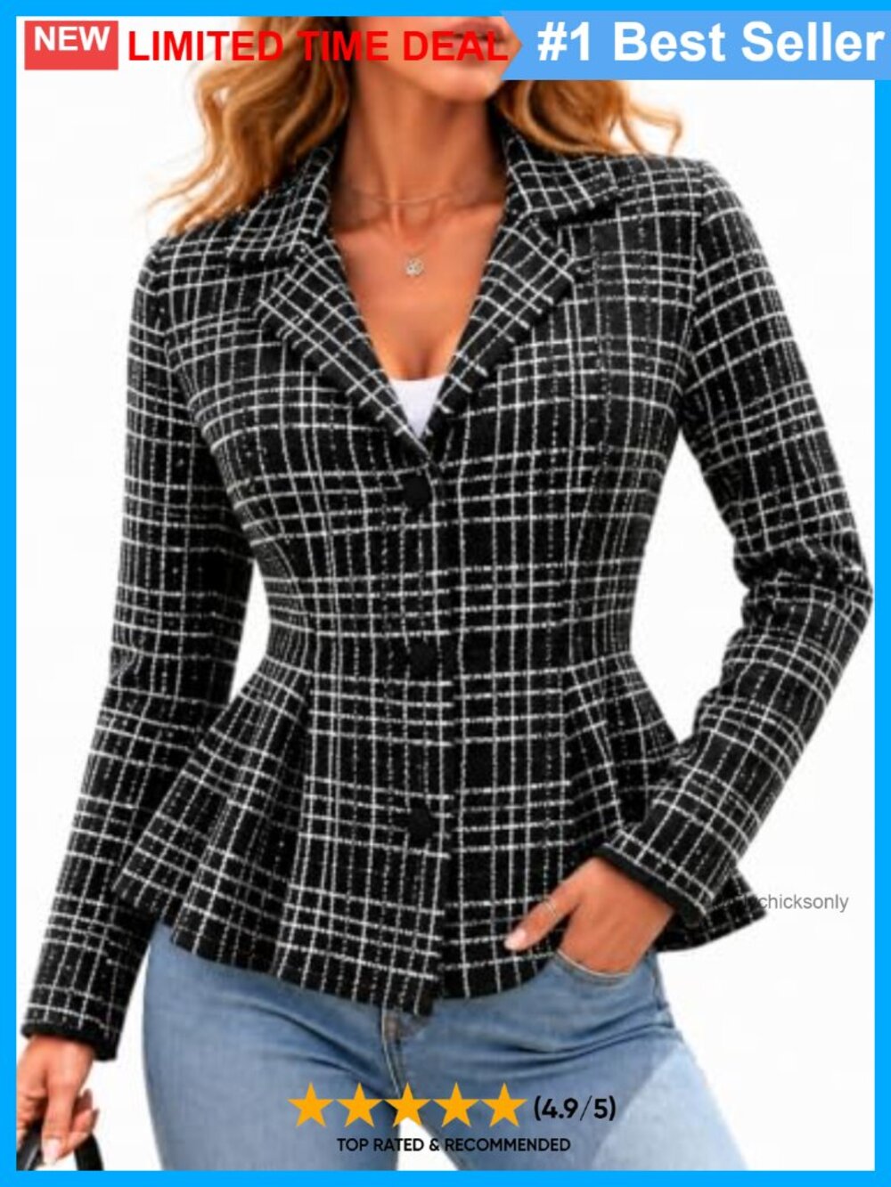 Plaid Peplum Sweater Blazer Button Cardigan Jacket Notched Lapel